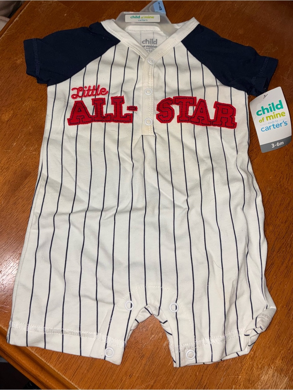 child of mine White & Navy Pinstripe "Little All-Star" Baseball Romper